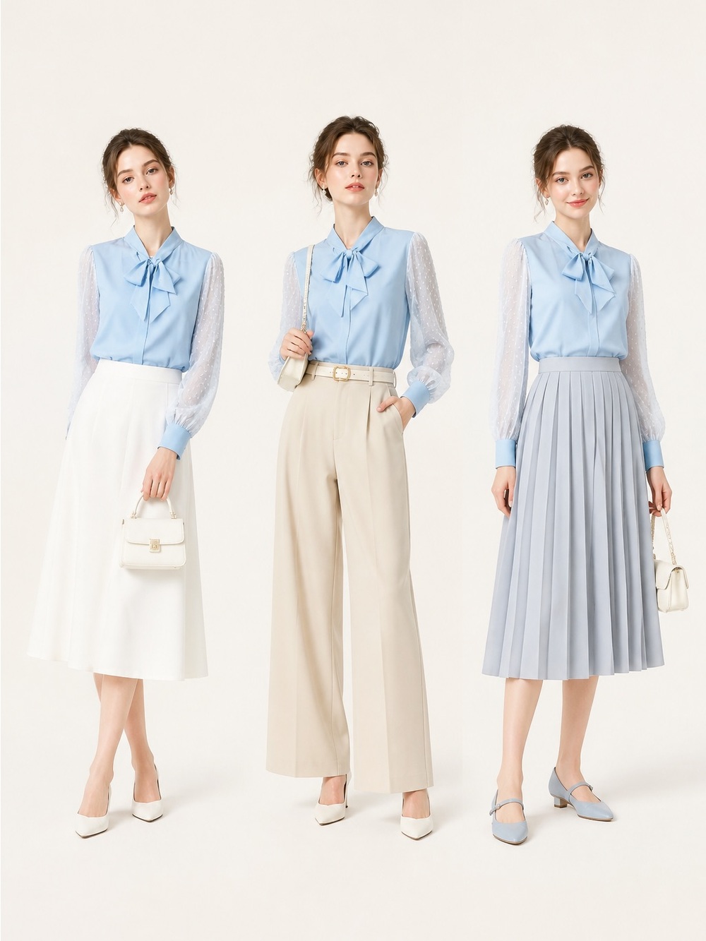 NWOT Kate Kasin Light Blue Bow-Tie Blouse with Sheer Dotted Sleeves in Size S